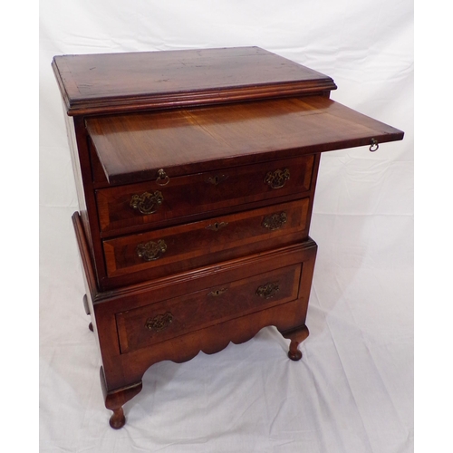 171 - Georgian crossbanded mahogany small chest on stand with pull-out shelf, four drawers with brass drop... 