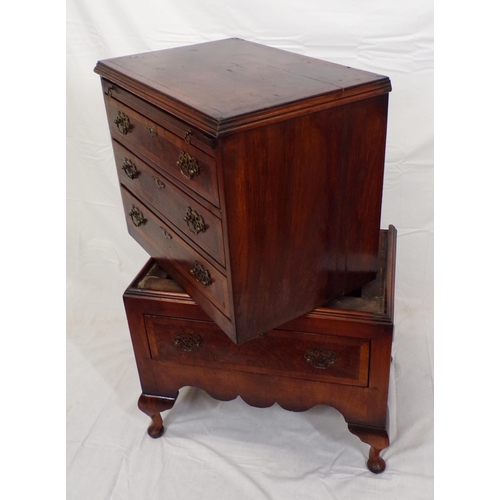 171 - Georgian crossbanded mahogany small chest on stand with pull-out shelf, four drawers with brass drop... 