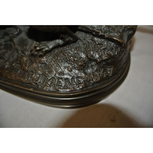 172 - Ornate bronzed group - two hunting dogs with a hen, stamped PJ Mane 1847, on oval base