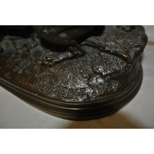 172 - Ornate bronzed group - two hunting dogs with a hen, stamped PJ Mane 1847, on oval base