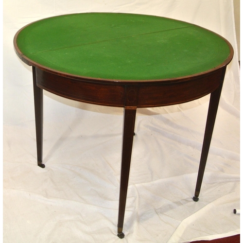 175 - Edwardian inlaid mahogany demi-lune card table with fold-over top, gateleg support, baize surface, i... 