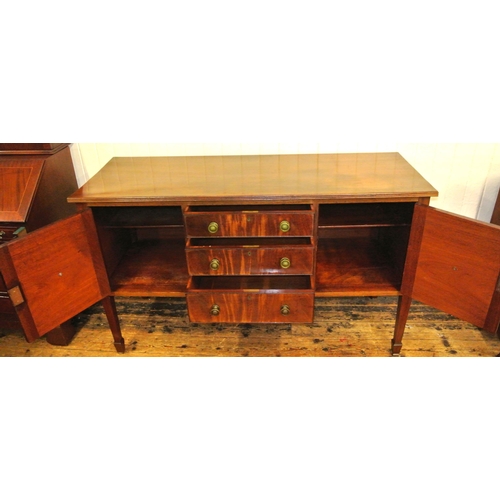 180 - Edwardian mahogany sideboard with reeded borders, three central drawers, two side presses, round bra... 