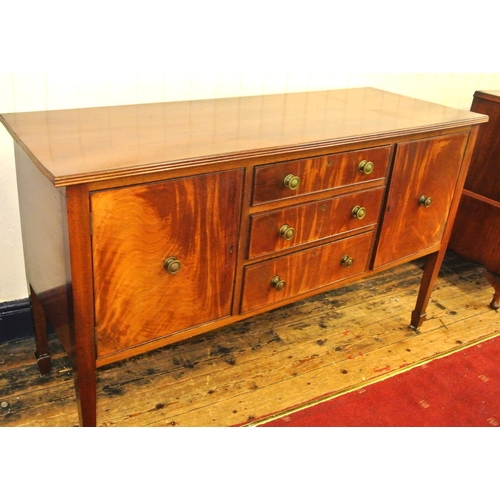 180 - Edwardian mahogany sideboard with reeded borders, three central drawers, two side presses, round bra... 