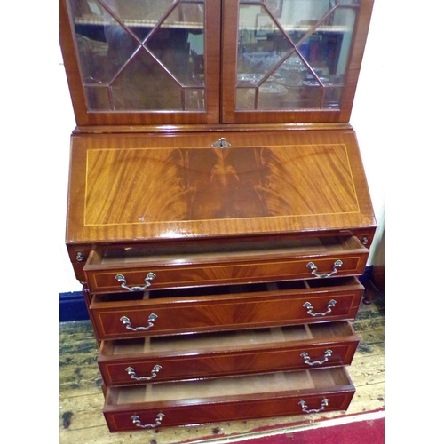 185 - Edwardian inlaid mahogany bureau bookcase with astragal glazed door, shelved interior, fall-out fron... 