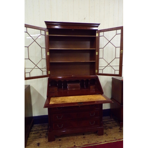 185 - Edwardian inlaid mahogany bureau bookcase with astragal glazed door, shelved interior, fall-out fron... 