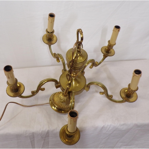 193 - Brass 6 branch hanging light with S-shaped arms and shaped sconces