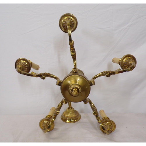 193 - Brass 6 branch hanging light with S-shaped arms and shaped sconces