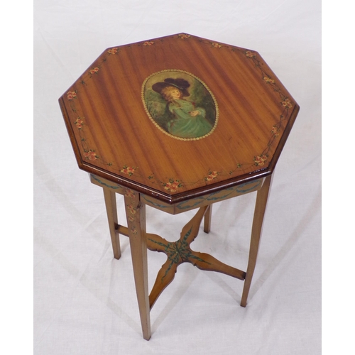 194 - Edwardian hexagonal yew occasional table painted with portrait of a lady and foliage, on square tape... 