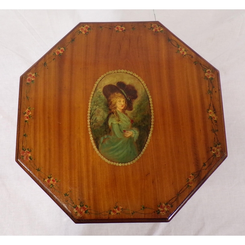 194 - Edwardian hexagonal yew occasional table painted with portrait of a lady and foliage, on square tape... 