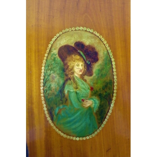 194 - Edwardian hexagonal yew occasional table painted with portrait of a lady and foliage, on square tape... 