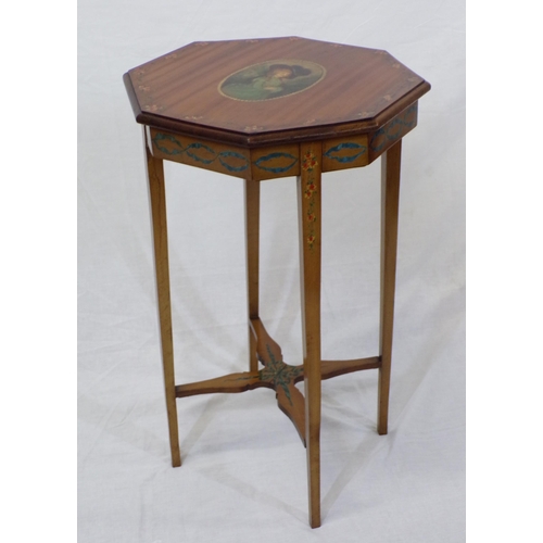 194 - Edwardian hexagonal yew occasional table painted with portrait of a lady and foliage, on square tape... 