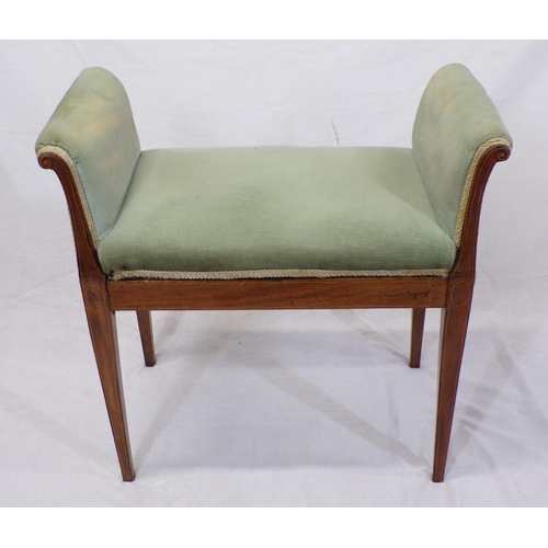 239 - Edwardian inlaid mahogany upholstered stool with scroll arms, on square tapering legs