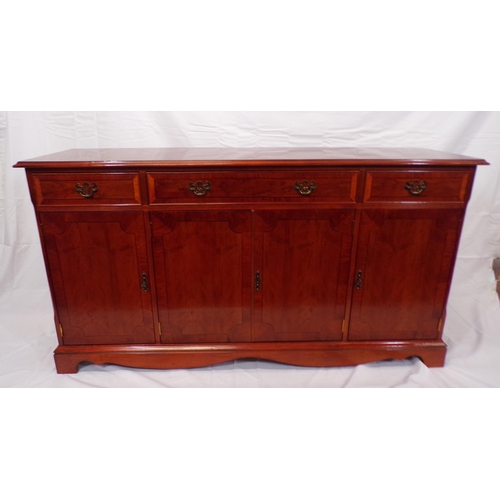 25 - Victorian style inlaid yew sideboard with three frieze drawers, presses under, with shelving, on bra... 