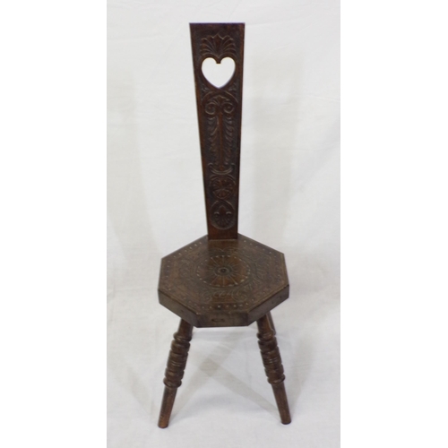 340 - Victorian style Arts and Crafts oak chair with foliate carving, ring turned tapering legs