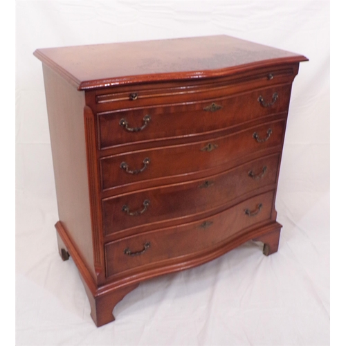 61 - Edwardian walnut and mahogany serpentine fronted bachelors chest with pull-out shelf, four drawers u... 