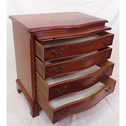 61 - Edwardian walnut and mahogany serpentine fronted bachelors chest with pull-out shelf, four drawers u... 