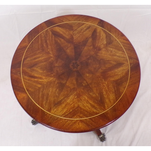 74 - Edwardian style inlaid round occasional or coffee table with vase shaped column, on reeded quadrapod... 