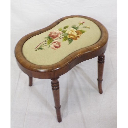 26 - Victorian walnut kidney shaped stool with ornate foliate needlepoint decoration , on turned shaped l... 