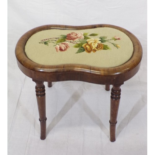 26 - Victorian walnut kidney shaped stool with ornate foliate needlepoint decoration , on turned shaped l... 