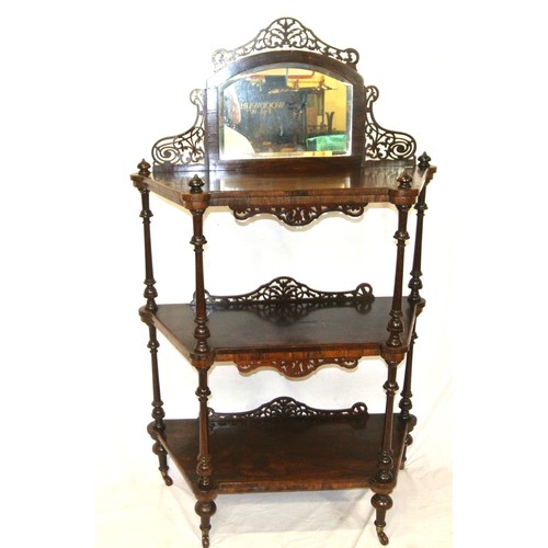 45 - Victorian rosewood three tier dumbwaiter with angled sides, pierced fretwork decoration, bevelled mi... 