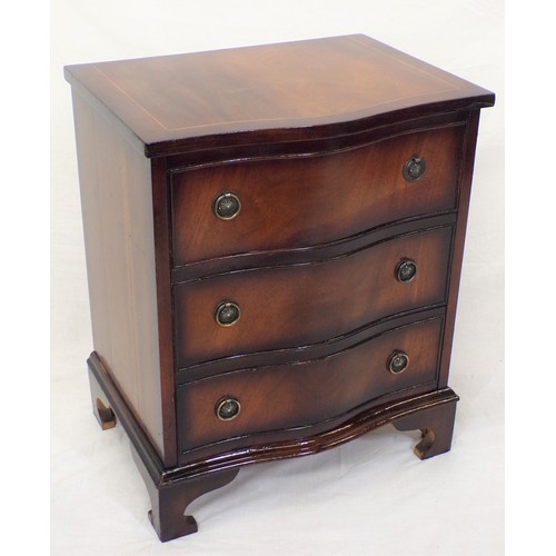 69 - Edwardian style serpentine fronted inlaid mahogany small chest of three drawers with drop handles an... 