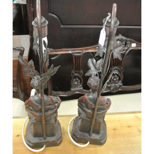 183 - Pair of ornate bronzed electric lamps decorated with figure of girls reading, on shaped bases