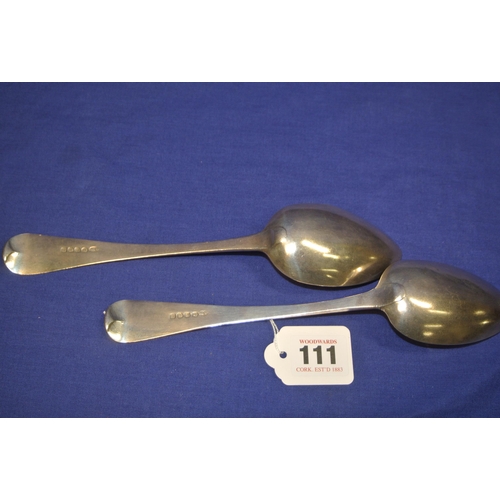 111 - Pair of George III London silver tablespoons with crested handles, by George Wintle, 1810, 23cm