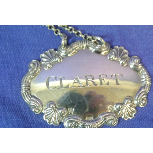 123 - Irish Silver wine label 'Claret' by  J. Teare Dublin 1812 , 5.5x4cm