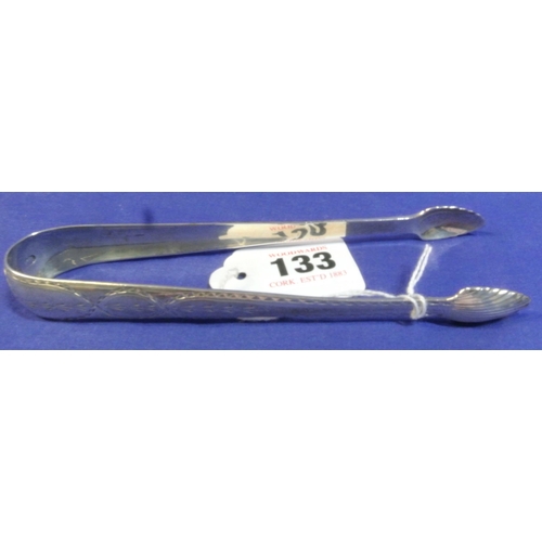 133 - Irish George III silver bright cut ice or  sugar tongs by George Nagle Dublin c. 1790. 15.5cm