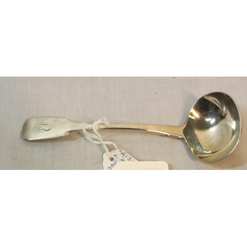 141 - Irish Victorian silver sauce ladle with crested fiddle pattern handle, by John Smyth, Dublin 1856. 1... 