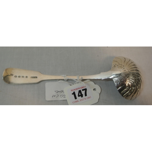 147 - Irish George IV silver sauce ladle with fiddle pattern handle and shell bowl,  by Patrick Moore, Dub... 