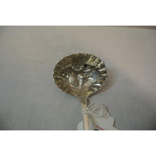 165 - Irish William IV silver bright cut berry ladle with foliate embossed bowl, by James Gamble, Dublin 1... 