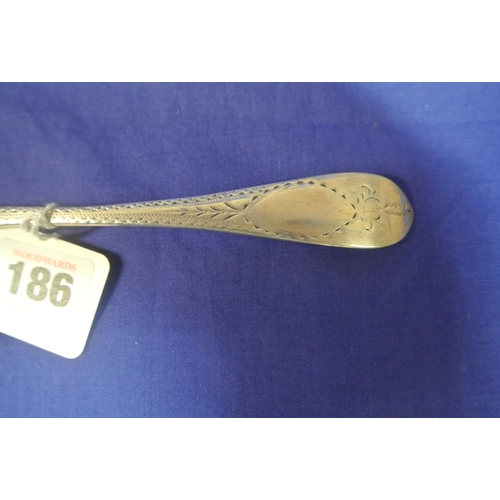 186 - Irish George IV silver bright cut serving spoon with shell bowl, by Laurence Nowlan, Dublin 1825. 22... 