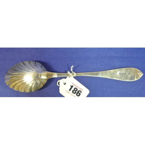 186 - Irish George IV silver bright cut serving spoon with shell bowl, by Laurence Nowlan, Dublin 1825. 22... 