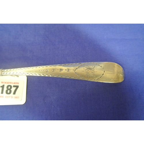 187 - Irish George III  silver bright cut serving spoon by John Dalrymple, Dublin 1798, 23cm, 64g