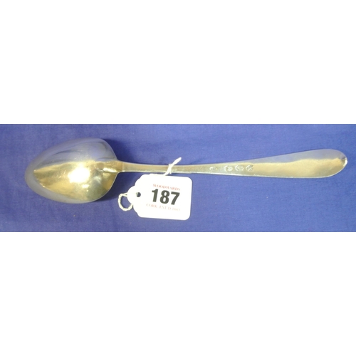 187 - Irish George III  silver bright cut serving spoon by John Dalrymple, Dublin 1798, 23cm, 64g