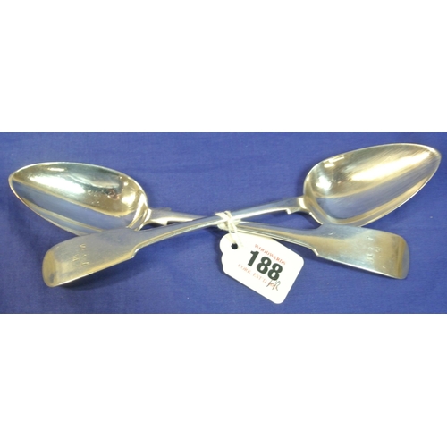 188 - Pair of Irish George III silver tablespoons with initialled fiddle pattern handles, Dublin 1814, 23c... 