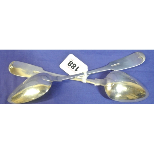 188 - Pair of Irish George III silver tablespoons with initialled fiddle pattern handles, Dublin 1814, 23c... 