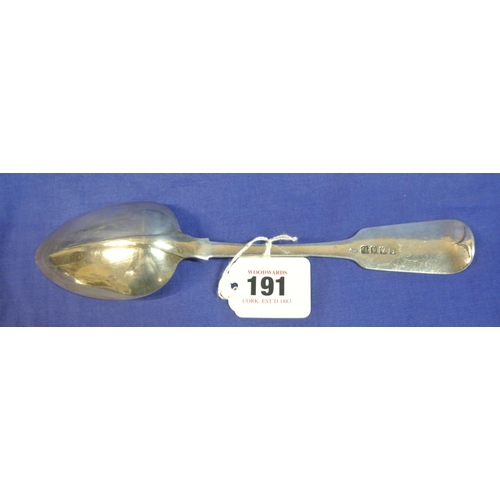 191 - Irish silver serving spoon with crested fiddle pattern handle, by Charles Marsh, Dublin 1825, 25cm, ... 