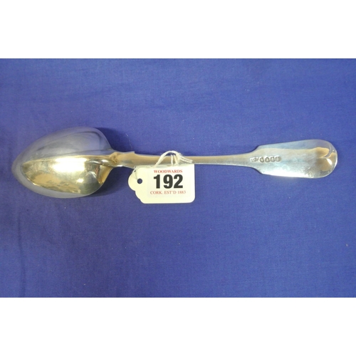 192 - Irish silver serving spoon with crested fiddle pattern handle, by Robert W Smyth, Dublin 1837, 25cm,... 