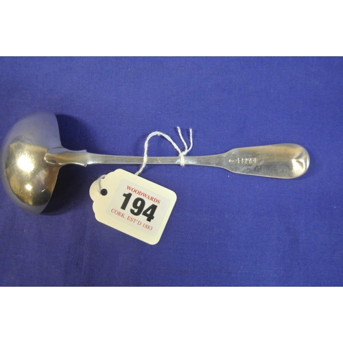 194 - Irish silver sauce ladle with crested fiddle pattern handle and oval bowl, by George Nagle, Dublin 1... 