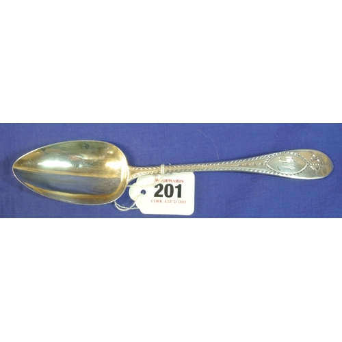 201 - Irish silver bright cut serving spoon by Richard Sawyer, Dublin 1811, 23cm, 59g