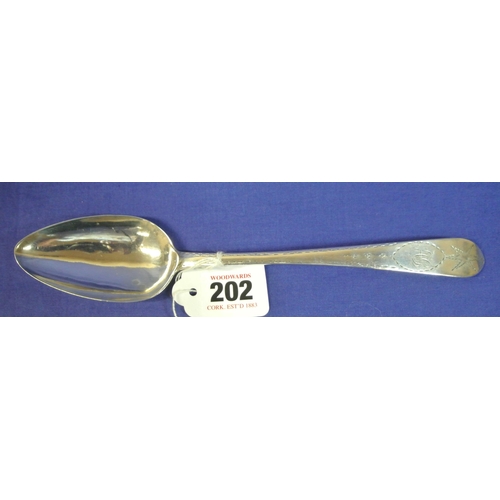 202 - Irish silver bright cut serving spoon by John Keene, Dublin 1798, 23cm, 57g