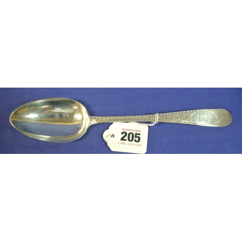 205 - Irish silver bright cut serving spoon by John Pittar, Dublin 1783, 23cm, 64g