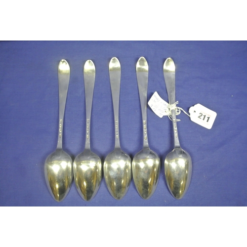 211 - Set of five Irish silver bright cut serving spoons by John Dalrymple, Dublin 1791, 24cm, 366g