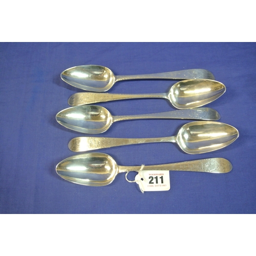 211 - Set of five Irish silver bright cut serving spoons by John Dalrymple, Dublin 1791, 24cm, 366g