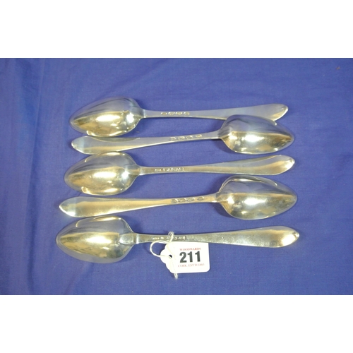 211 - Set of five Irish silver bright cut serving spoons by John Dalrymple, Dublin 1791, 24cm, 366g