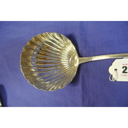 212 - Irish silver sauce ladle with round shell bowl, by Michael Keating, Dublin 1785, 33cm, 153g