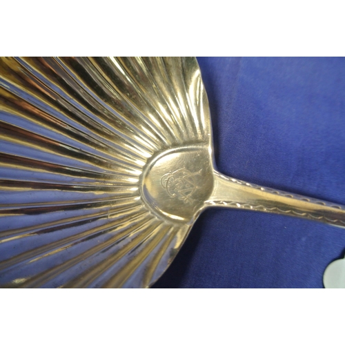 212 - Irish silver sauce ladle with round shell bowl, by Michael Keating, Dublin 1785, 33cm, 153g