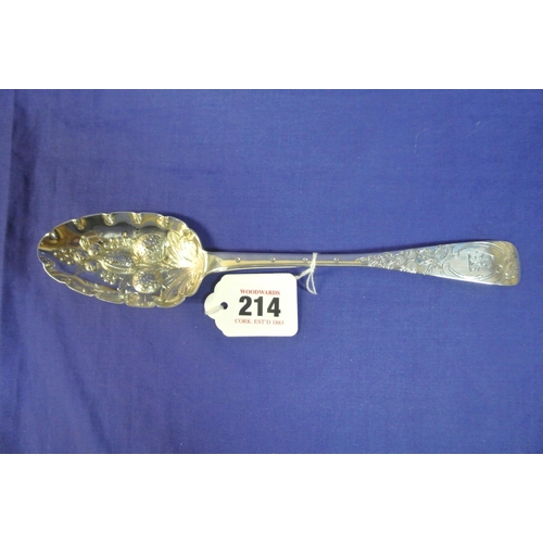 214 - Irish silver bright cut berry spoon with embossed oval bowl and crested handle, Dublin 1842, 24cm, 6... 